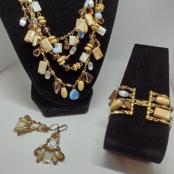 Three Piece Set Necklace in Tones of Cream, Blues, Pinks and Gold - Picture 12 of 13